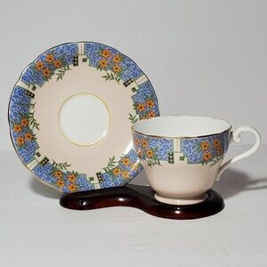 Aynsley Teacup and Saucer Blue Orange Flowers Vintage